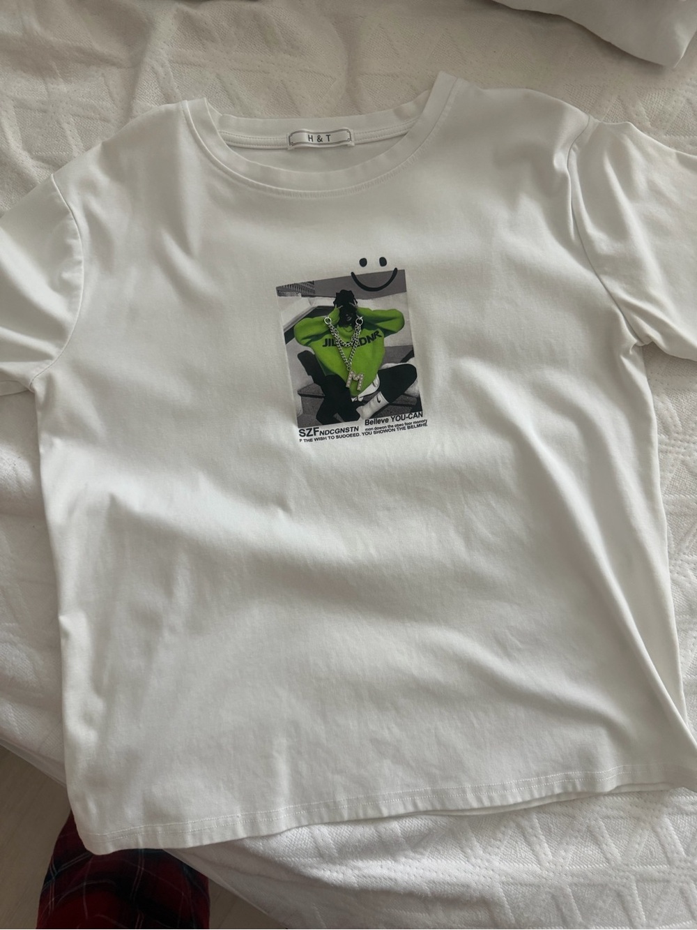 Men's White Graphic Crewneck T-Shirt with Lime Accent